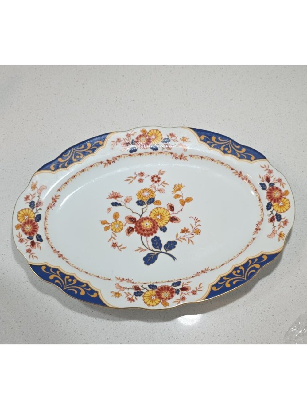 Home Beautiful Canton Fair ME217 Fine China Floral Oval Platter White/Blue/Gold